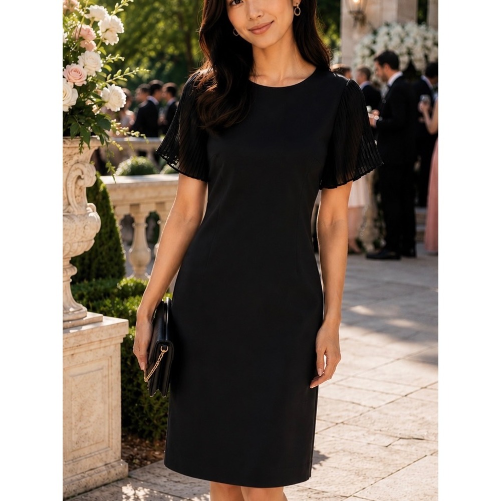 Tommy Hilfiger Womens Sheath Dress Black 6 Pleated Chiffon Sleeve